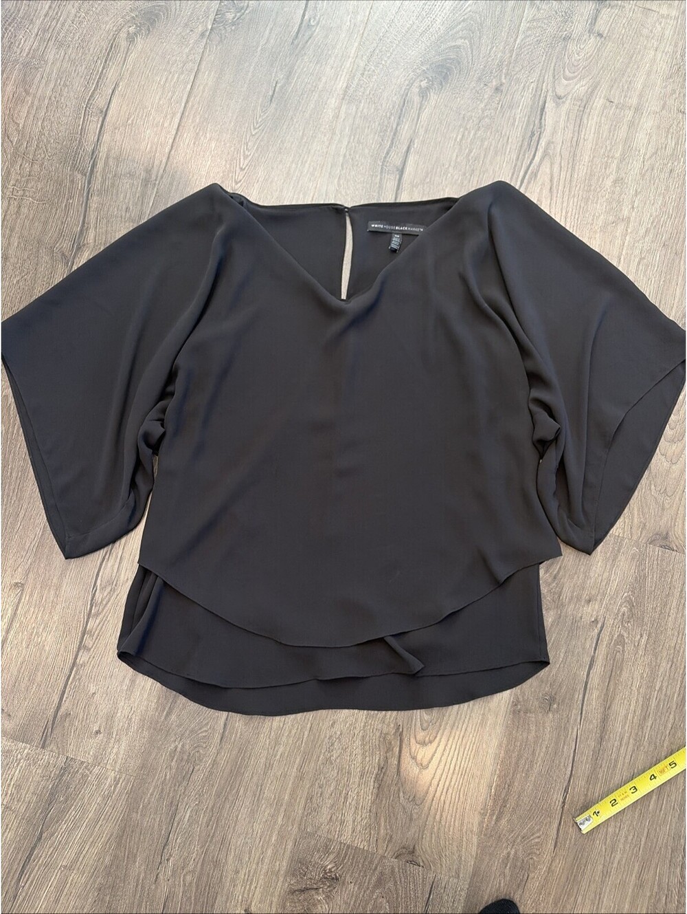 White House Black Market Black V-Neck Blouse Flutter Sleeve Layered Hem Size XS